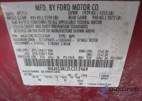 2020 Ford Ecosport Titanium z USA, uszkodzony, nr VIN MAJ6S3KL2LC312469